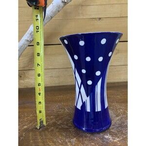 Blue White Ceramic Vase 9.5” Modern Polka Dot Geometric Flared Decor